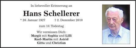 Traueranzeige Hans Schellerer