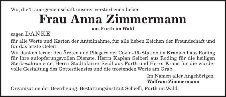 Traueranzeige Anna Zimmermann