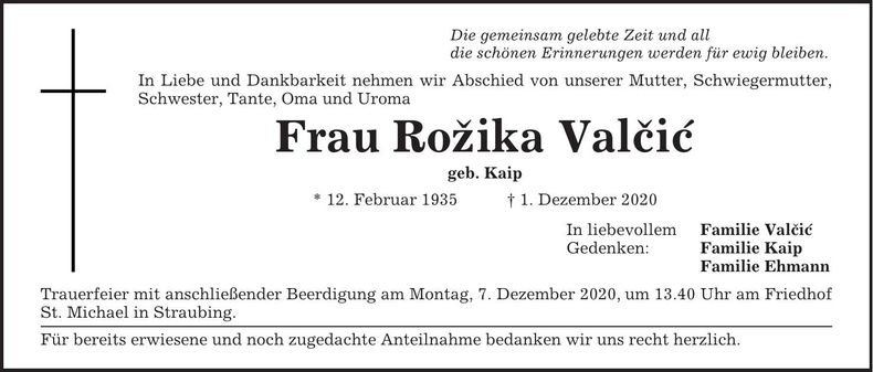 Traueranzeige Rozika Valcic geb. Kaip