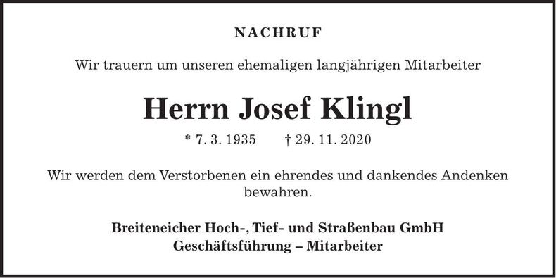 Traueranzeige Josef Klingl