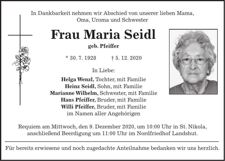 Traueranzeige Maria Seidl