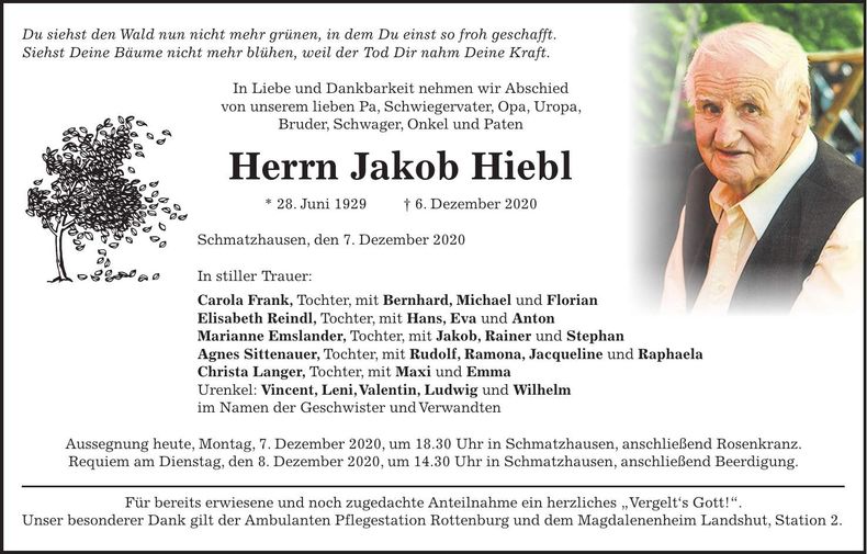 Traueranzeige Jakob Hiebl