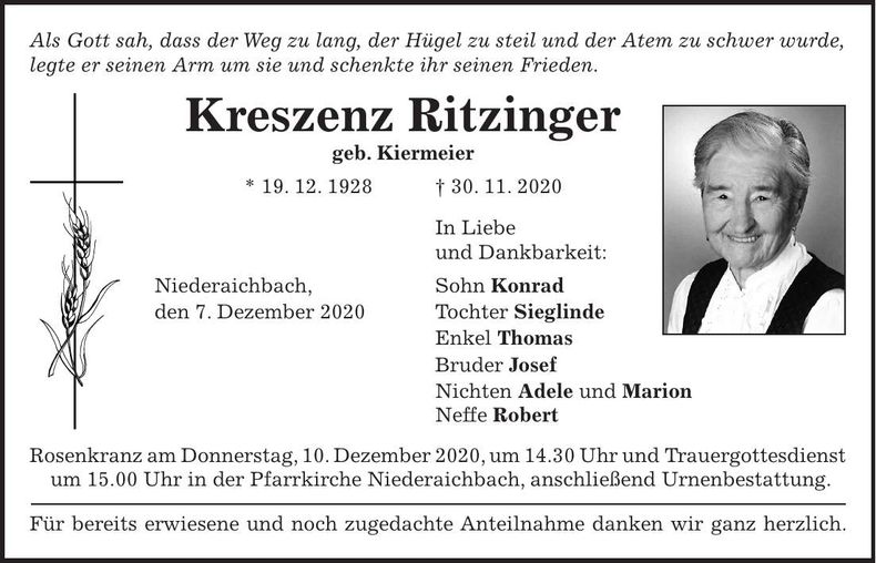 Traueranzeige Kreszenz Ritzinger