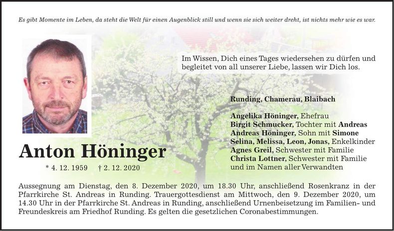 Traueranzeige Anton Höninger