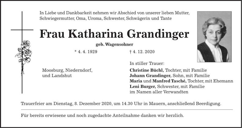 Traueranzeige Katharina Grandinger