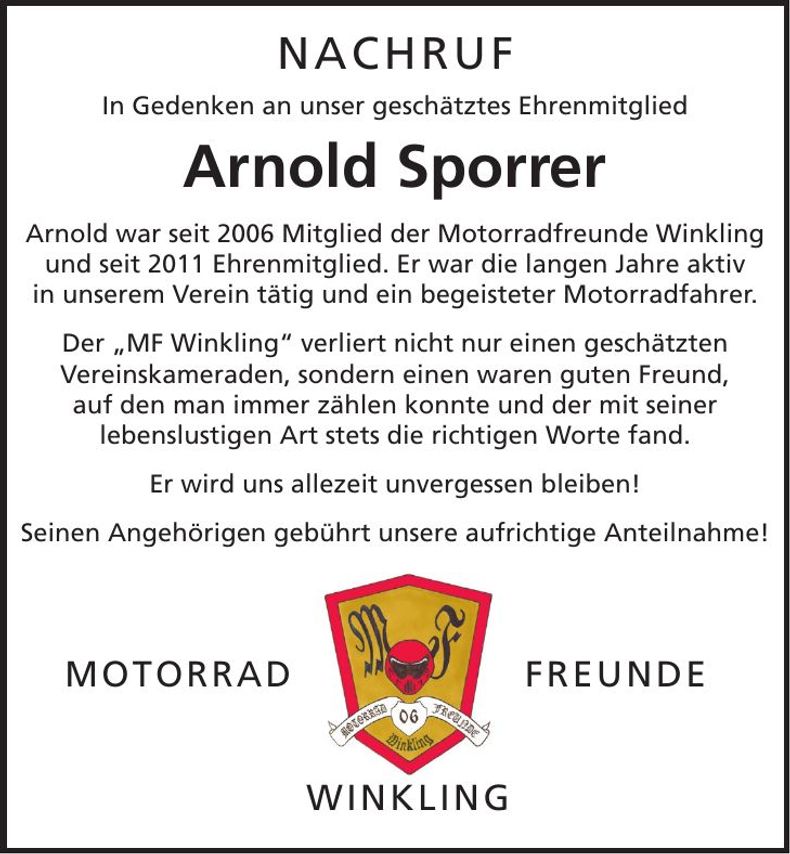 Traueranzeige Arnold Sporrer