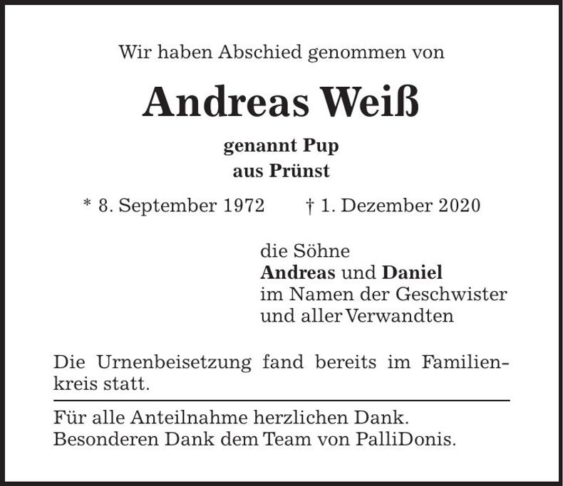 Traueranzeige Andreas Weiß