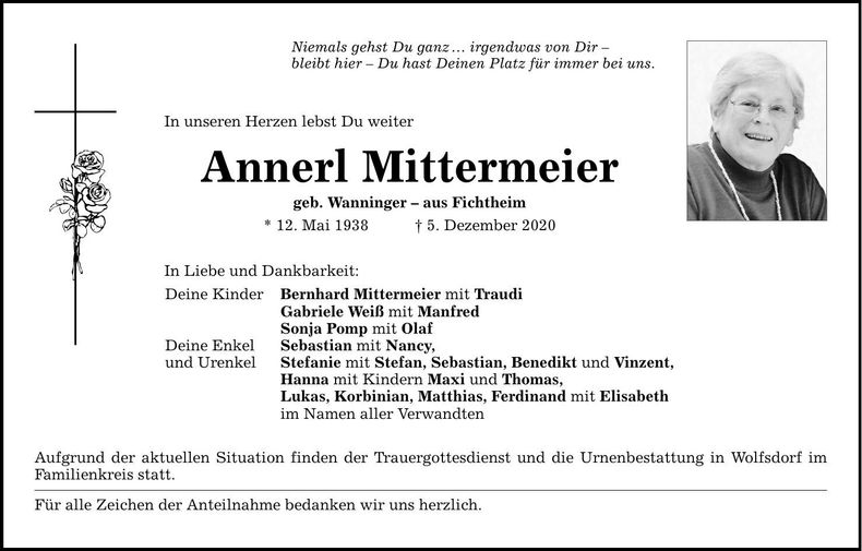 Traueranzeige Annerl Mittermeier
