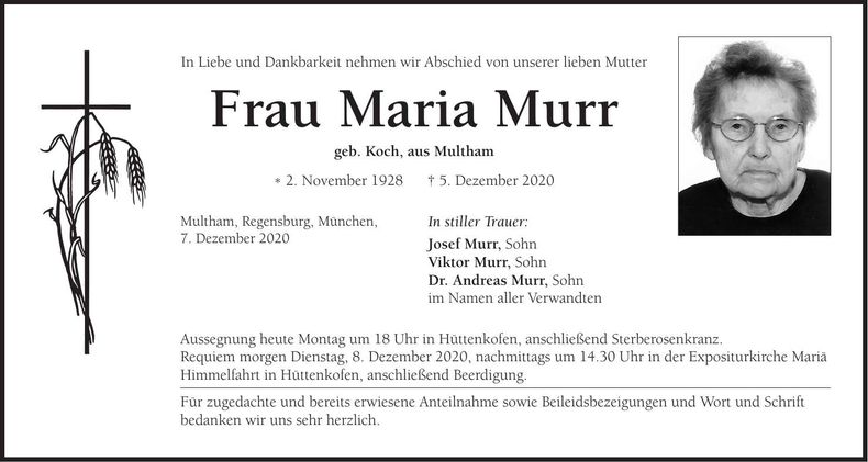 Traueranzeige Maria Murr