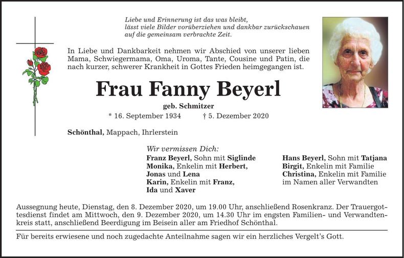 Traueranzeige Fanny Beyerl