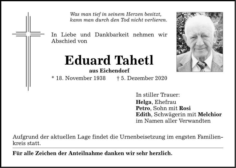 Traueranzeige Eduard Tahetl