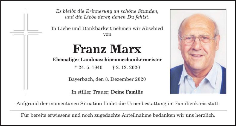Traueranzeige Franz Marx