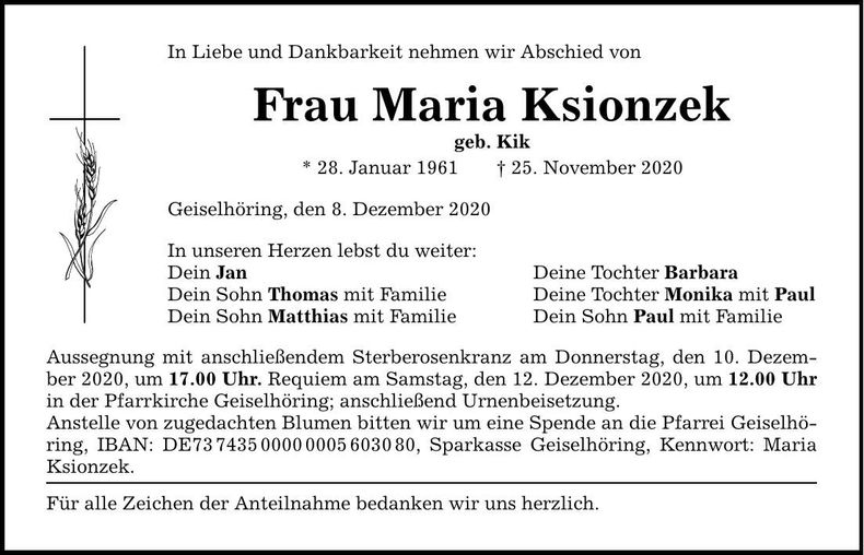 Traueranzeige Maria Ksionzek