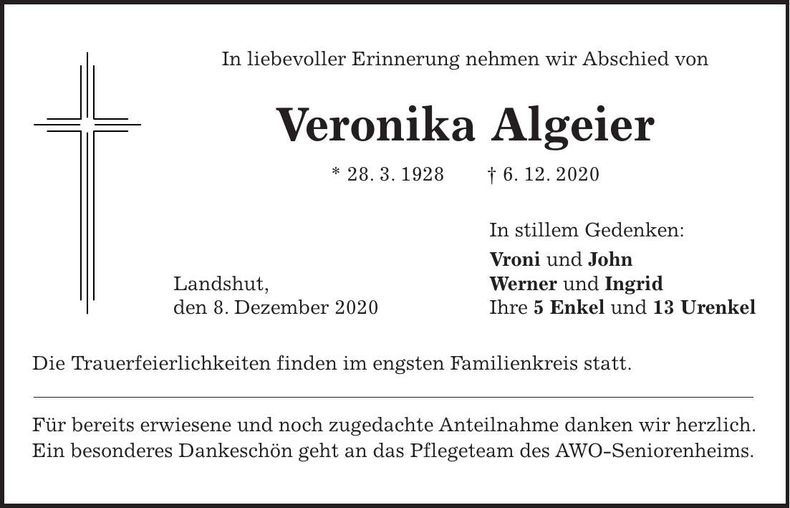 Traueranzeige Veronika Algeier