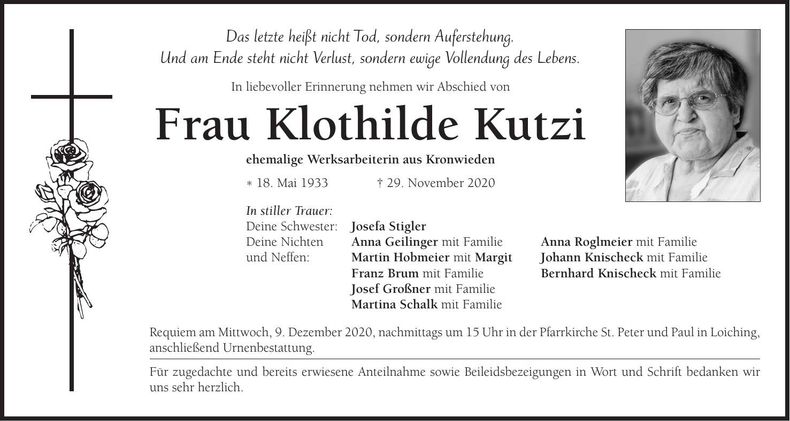 Traueranzeige Klothilde Kutzi