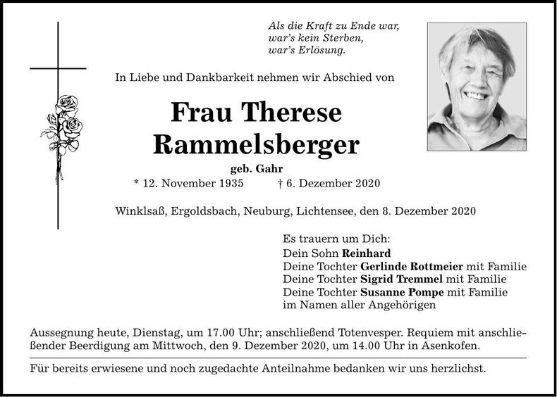 Traueranzeige Therese Rammelsberger