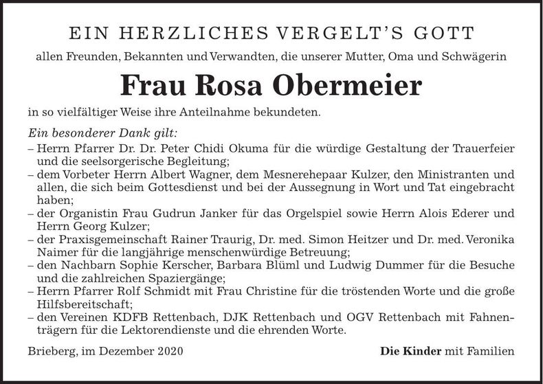 Traueranzeige Rosa Obermeier