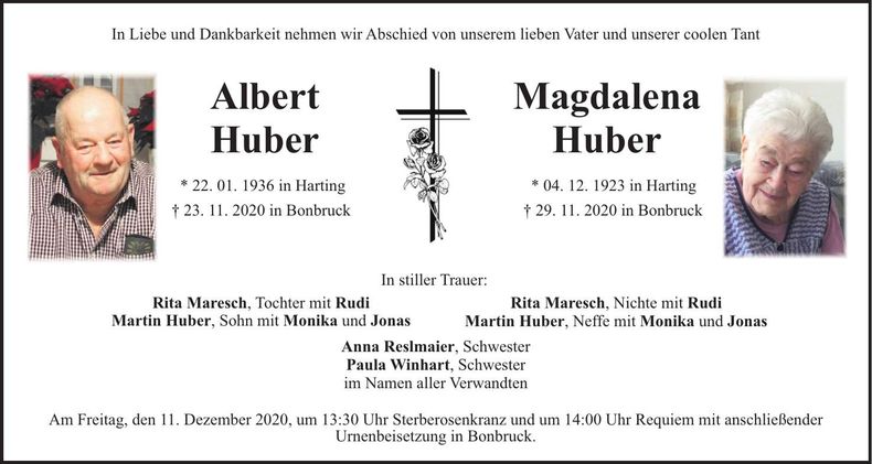 Traueranzeige Albert und Magdalena Huber