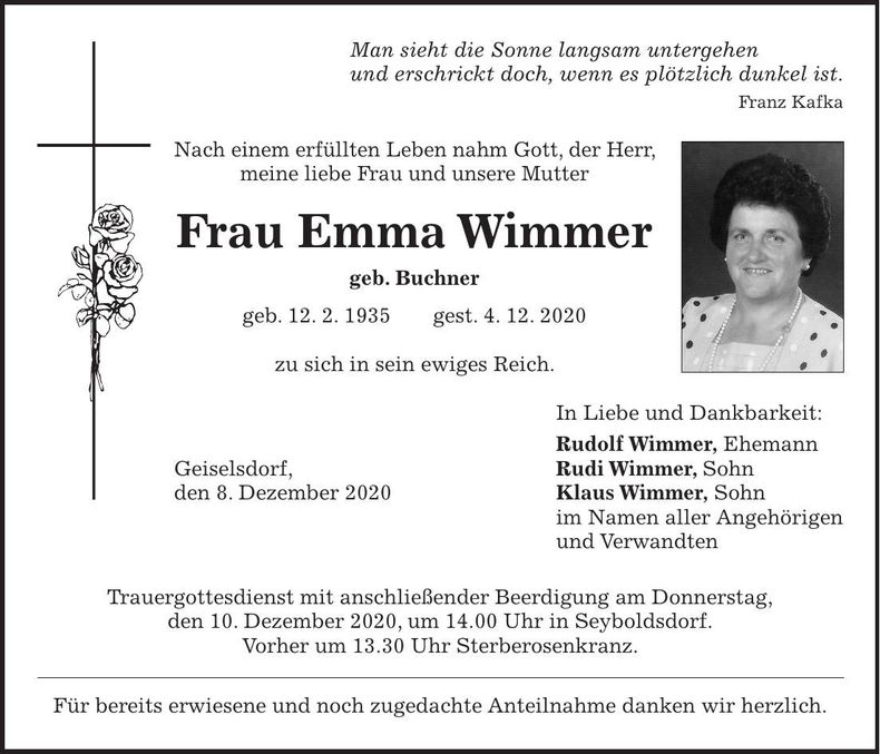 Traueranzeige Emma Wimmer
