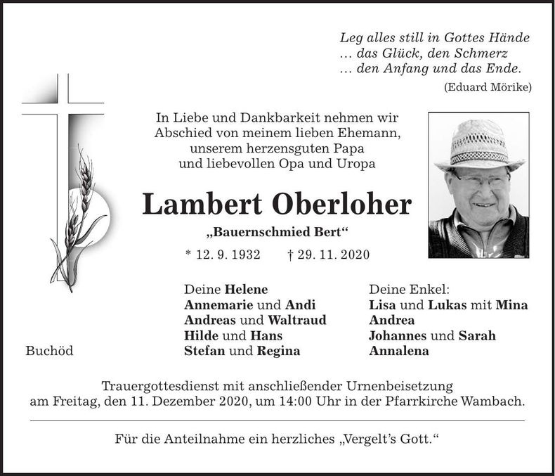 Traueranzeige Lambert Oberloher