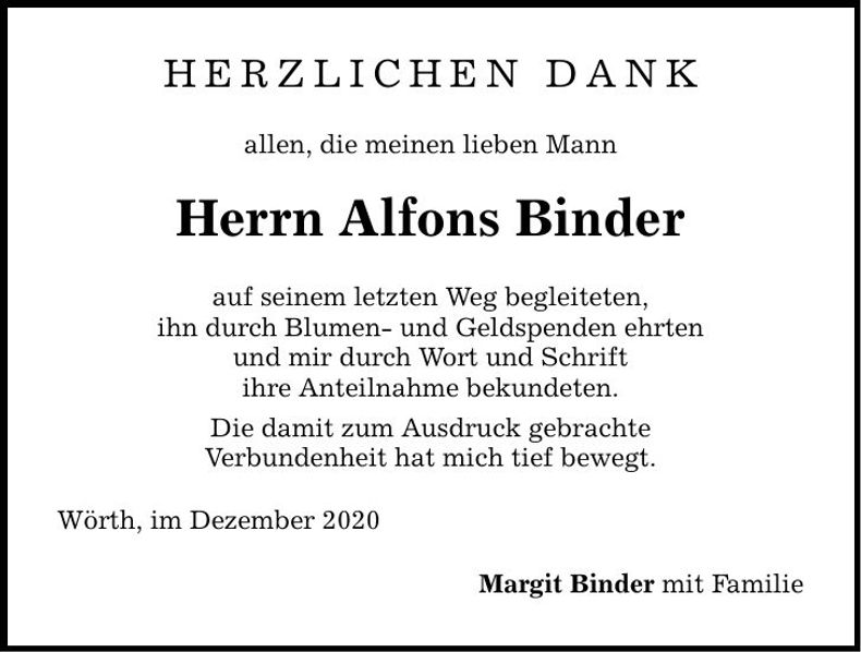 Traueranzeige Alfons Binder