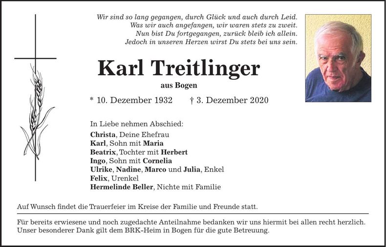 Traueranzeige Karl Treitlinger