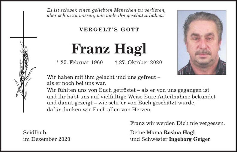 Traueranzeige Franz Hagl