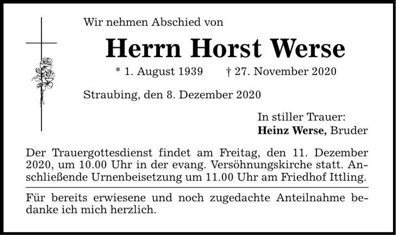 Traueranzeige Horst Werse