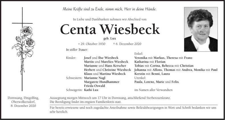 Traueranzeige Centa Wiesbeck