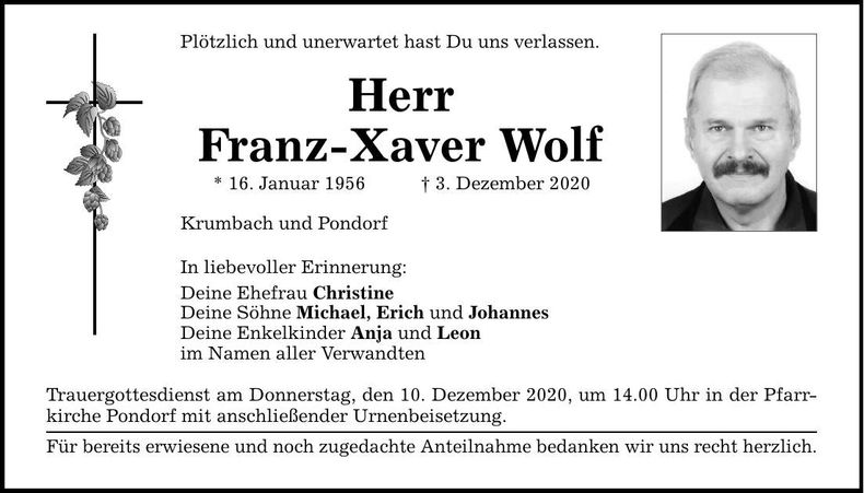 Traueranzeige Franz-Xaver Wolf