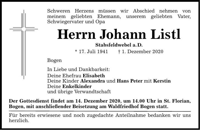 Traueranzeige Johann Listl