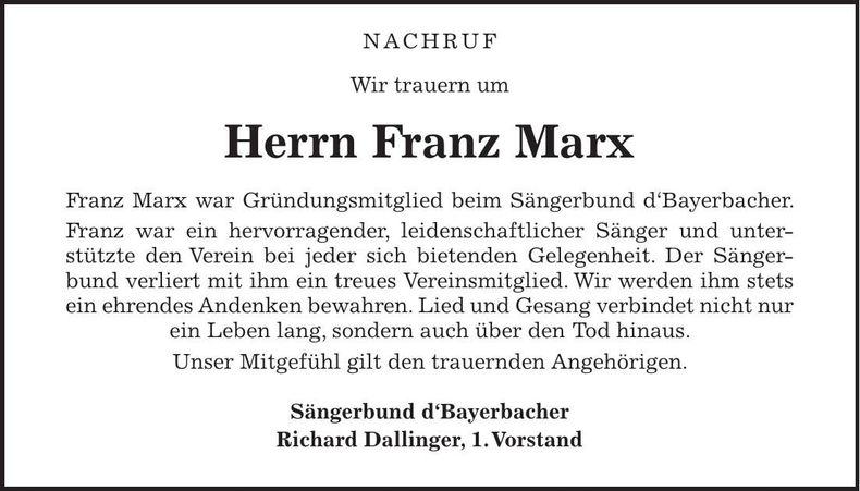 Traueranzeige Franz Marx