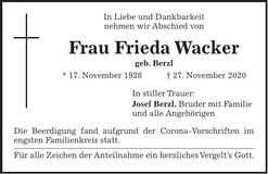 Traueranzeige Frieda Wacker