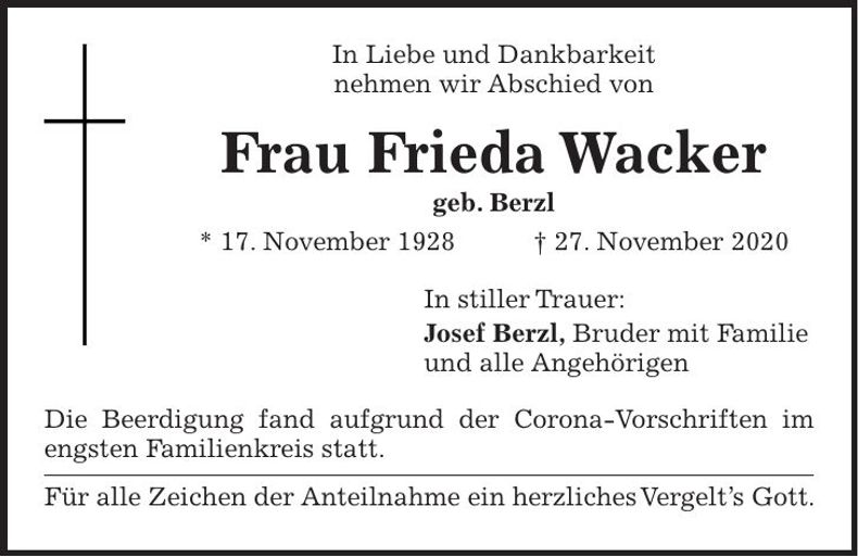 Traueranzeige Frieda Wacker