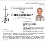 Traueranzeige Maria Staudinger