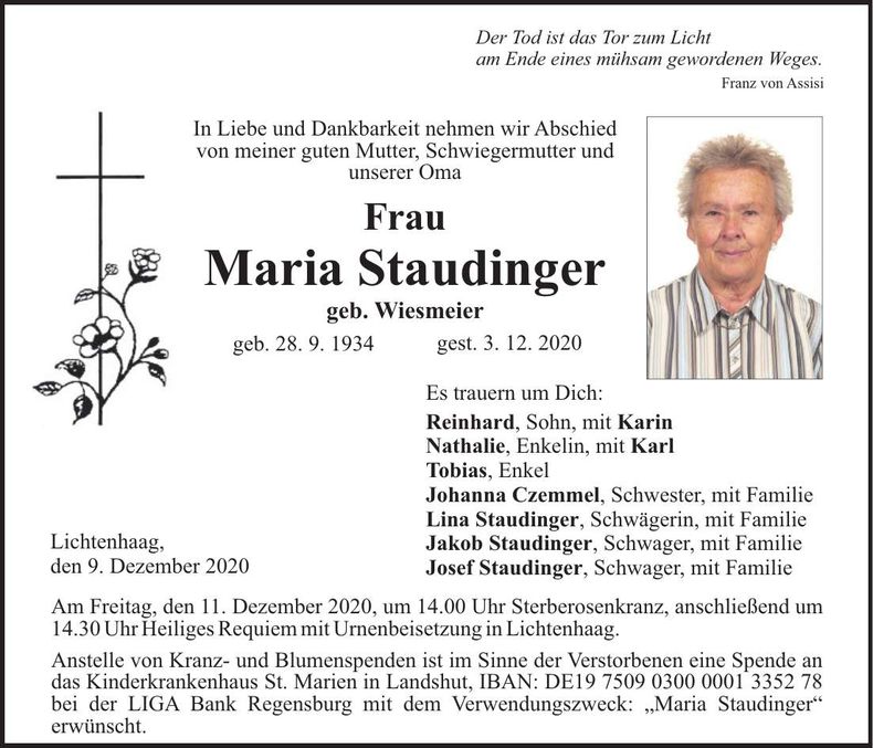 Traueranzeige Maria Staudinger