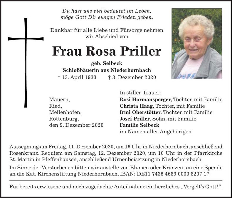 Traueranzeige Rosa Priller