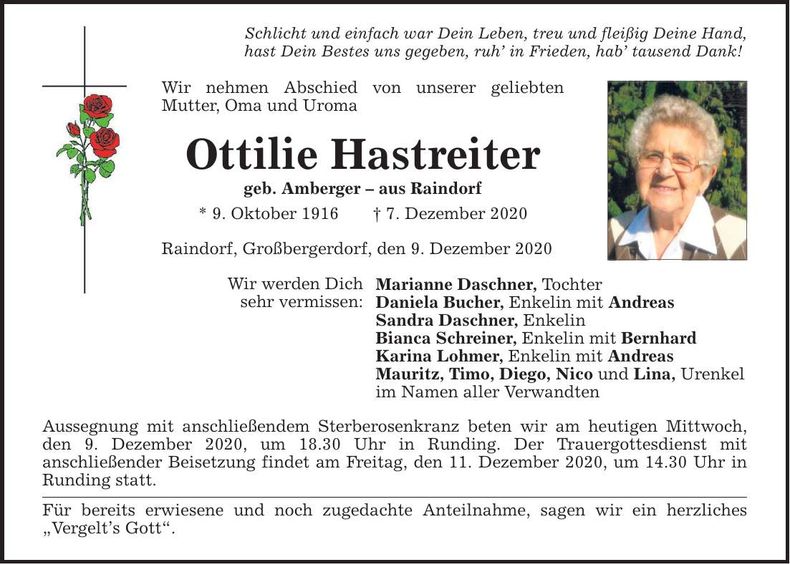 Traueranzeige Ottilie Hastreiter