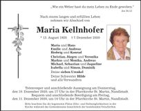 Traueranzeige Maria Kellnhofer