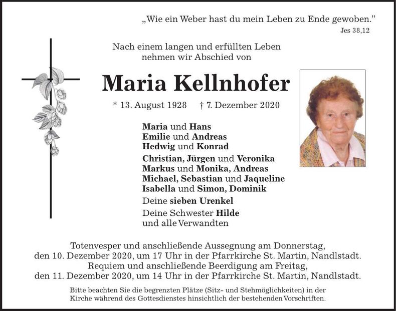Traueranzeige Maria Kellnhofer