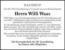 Traueranzeige Willi Waas