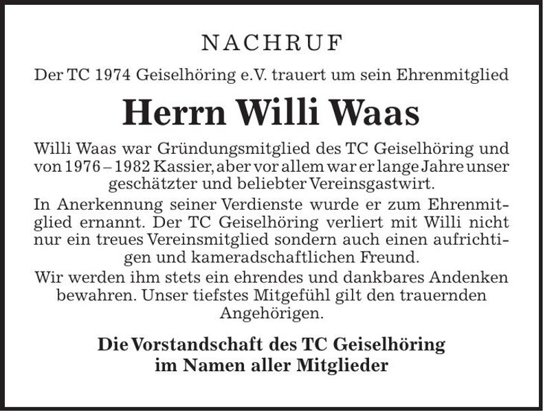 Traueranzeige Willi Waas