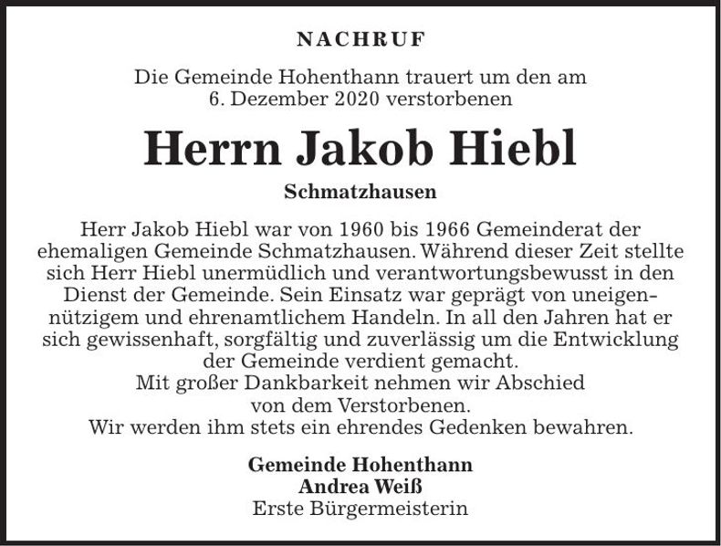Traueranzeige Jakob Hiebl