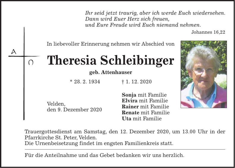 Traueranzeige Theresia Schleibinger