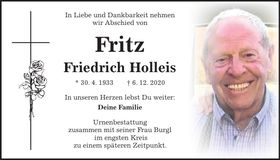 Traueranzeige Fritz Holleis