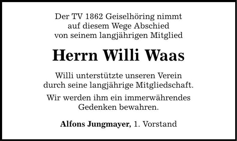 Traueranzeige Willi Waas