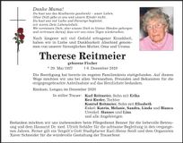 Traueranzeige Therese Reitmeier