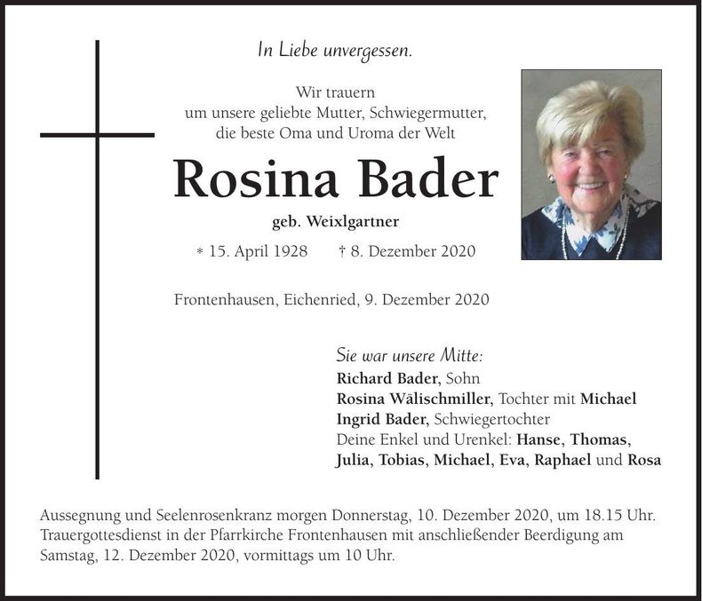 Traueranzeige Rosina Bader