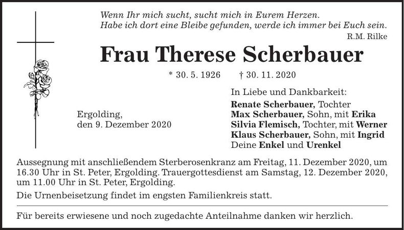 Traueranzeige Therese Scherbauer
