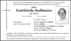 Traueranzeige Gottfrieda Sedlmeier